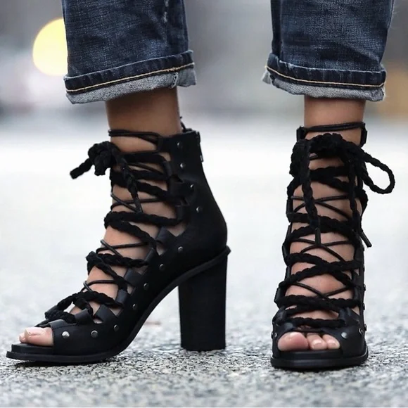 Free People Collection Pember black leather studded lace-up heels - Picture 4 of 13